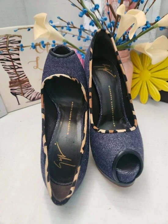 GIUSEPPE ZANOTTI Shoes Blue Denim Peep Toe Platform Heels - Picture 7 of 8